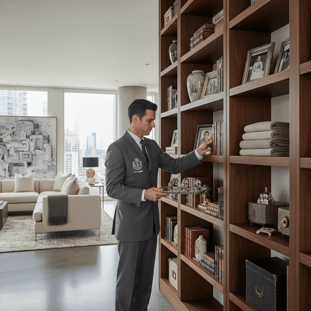 Houseman managing household tasks and organization